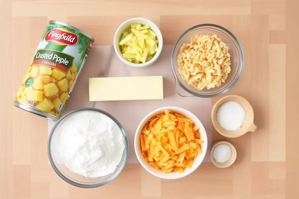 Ingredients for pineapple casserole, including crushed pineapple, shredded cheddar cheese, butter, sugar, crushed Ritz crackers, flour, and salt on a marble countertop