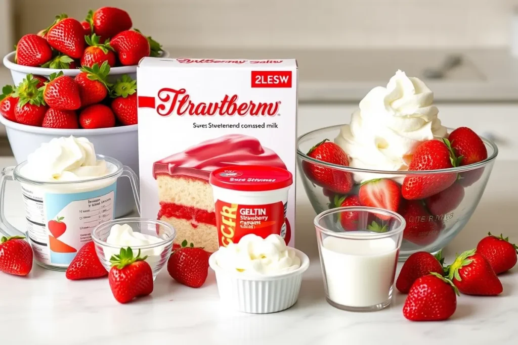 Ingredients for strawberry poke cake including fresh strawberries, cake mix, strawberry gelatin, whipped cream, and sweetened condensed milk