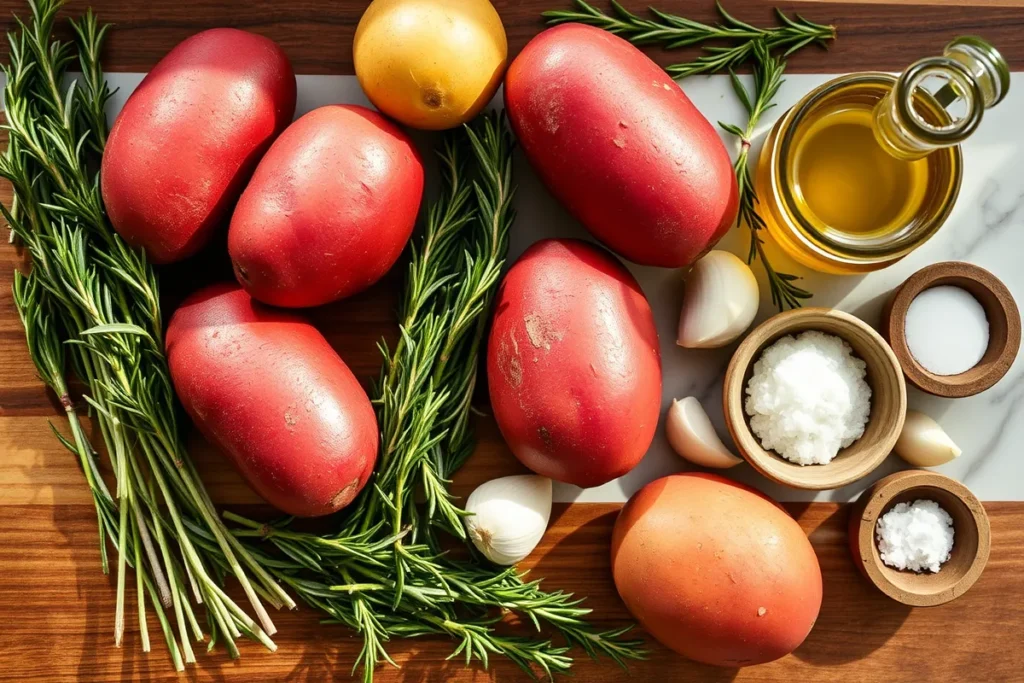 Ingredients for rosemary and garlic roast potatoes, including fresh potatoes, rosemary, garlic cloves, olive oil, salt, and pepper on a rustic wooden surface.