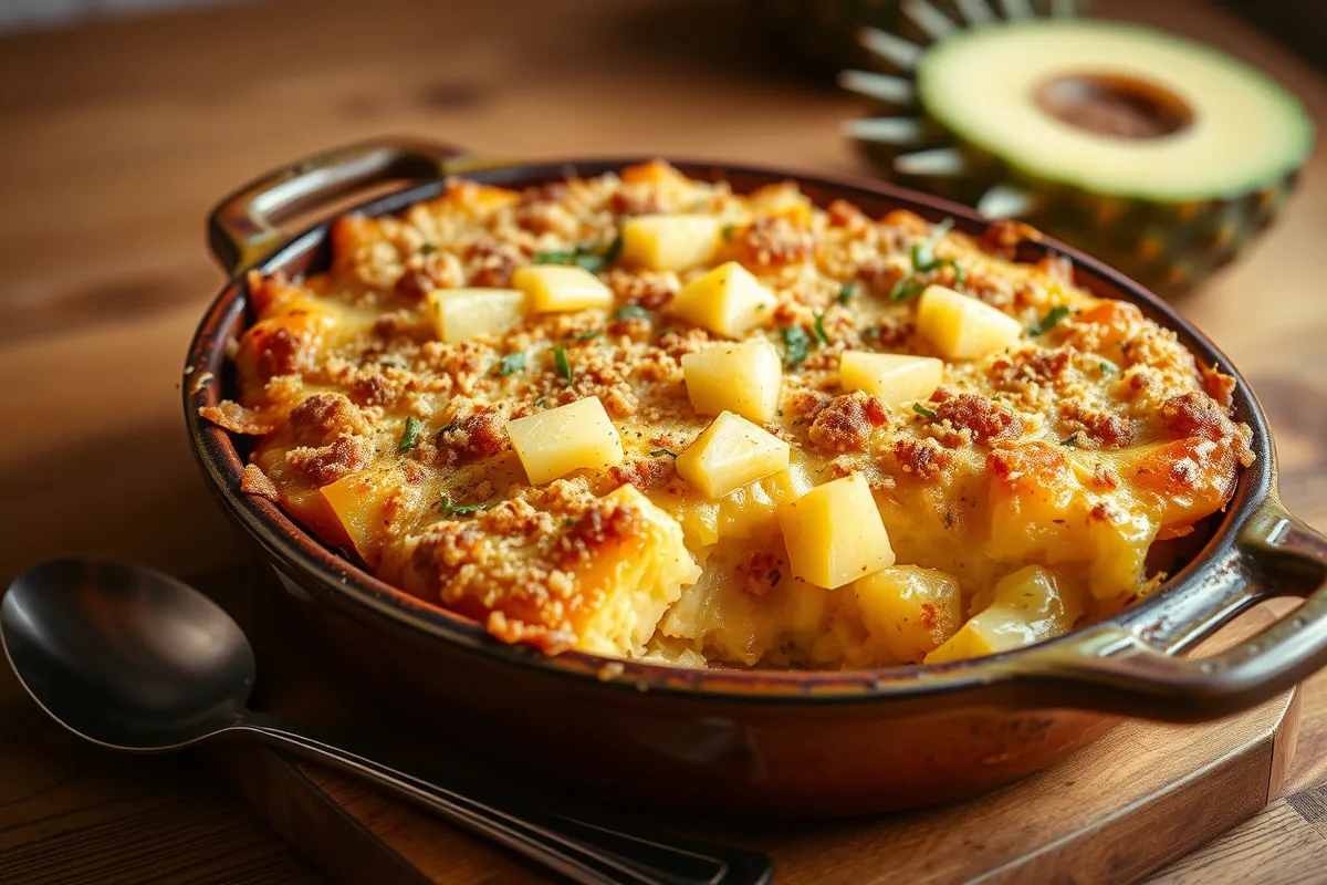 A golden-brown pineapple casserole with a cheesy and crunchy topping, garnished with fresh pineapple chunks and herbs, served in a rustic dish on a wooden table