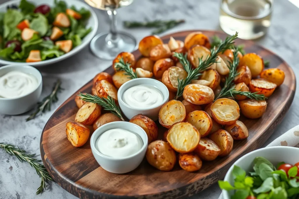 Rosemary and garlic roast potatoes served with fresh rosemary sprigs, roasted garlic, sour cream dip, and a side salad on a rustic wooden platter.