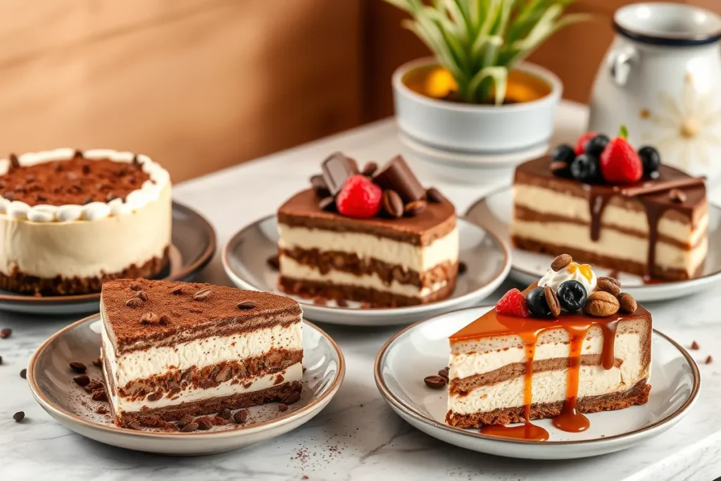 Varieties of tiramisu cheesecake including classic, chocolate, and fruit-topped versions, garnished with cocoa powder, coffee beans, and fresh toppings.