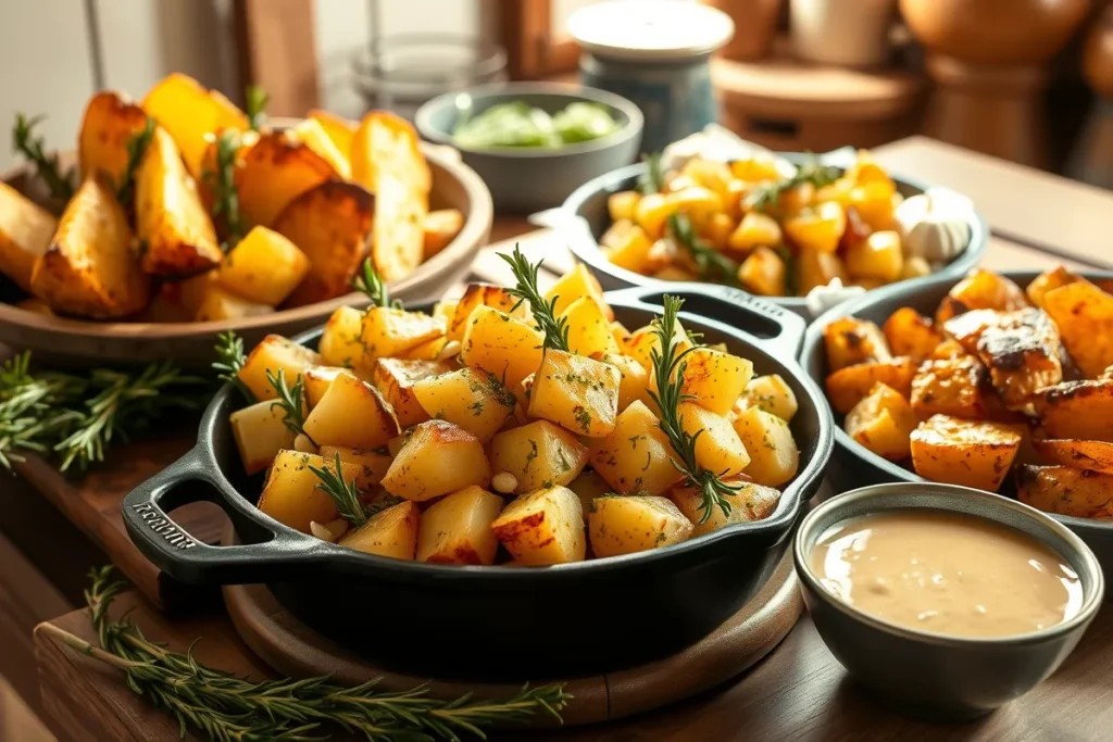 Variations of rosemary and garlic roast potatoes served in different styles, including wedges, diced crispy pieces, and golden roast potatoes with fresh rosemary and garlic