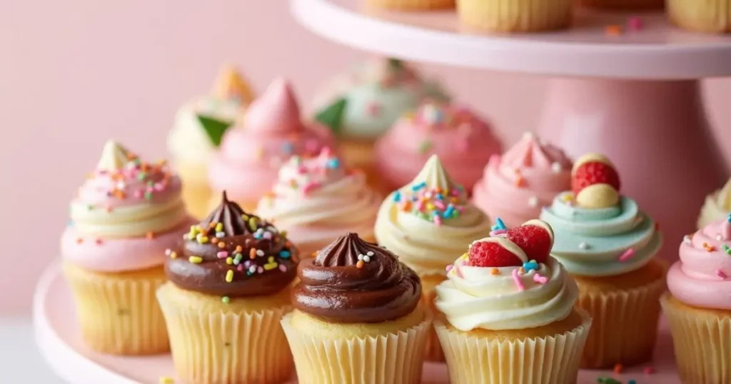 Assortment of mini cupcakes decorated with colorful buttercream, chocolate ganache, sprinkles, and fruit garnishes, displayed on a tiered stand for a party