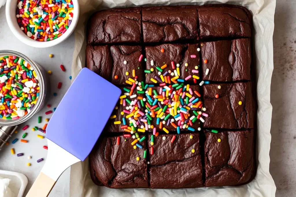 Fudgy cosmic brownies topped with colorful sprinkles, being decorated for a fun and vibrant treat