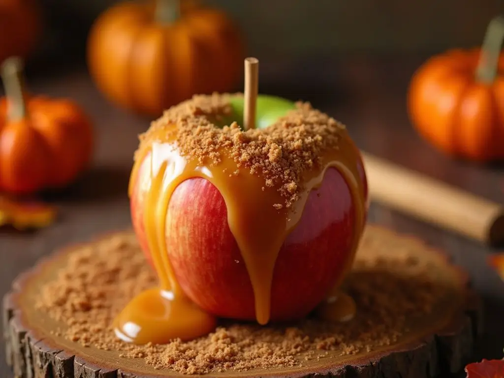 Caramel apple dipped in cinnamon sugar and apple pie filling for a delicious fall twist