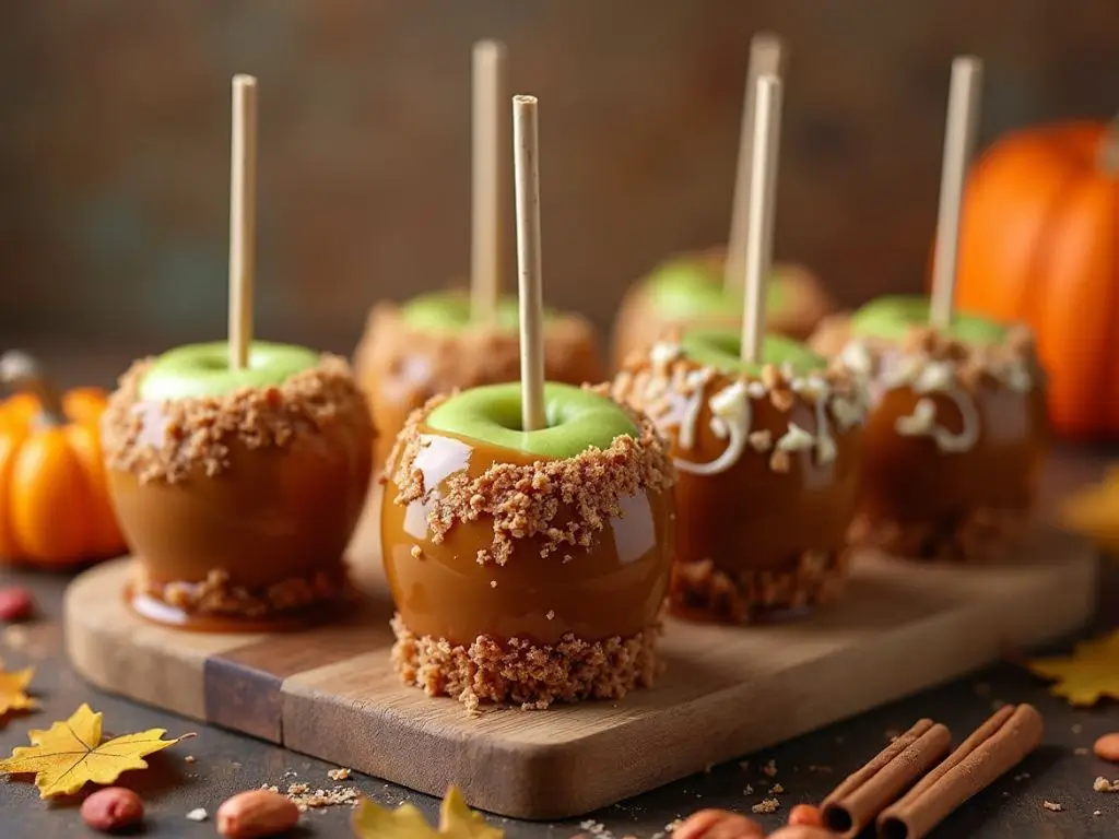 Apple Pie Caramel Apples drizzled with caramel and decorated with cinnamon, sugar, and pie crust pieces