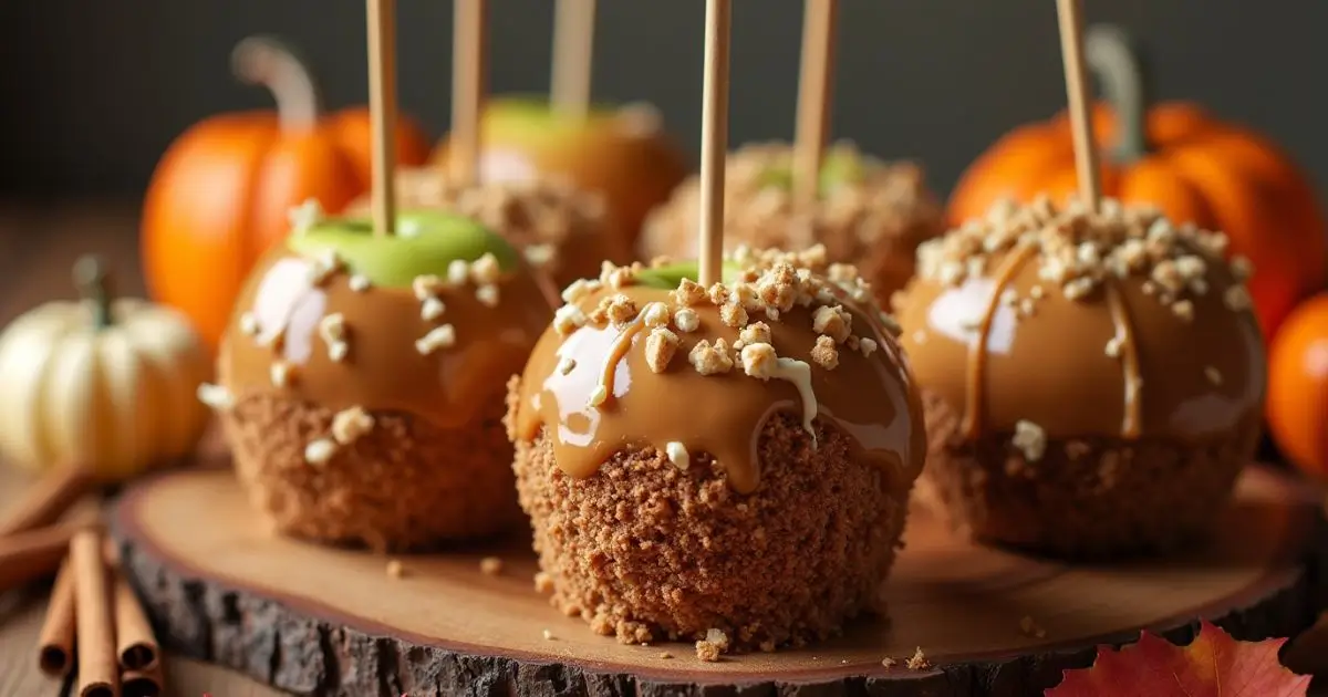 Apple pie caramel apples dipped in caramel and coated with cinnamon-sugar, topped with crushed pie crust, nuts, and white chocolate drizzle, displayed on a fall-themed rustic table.