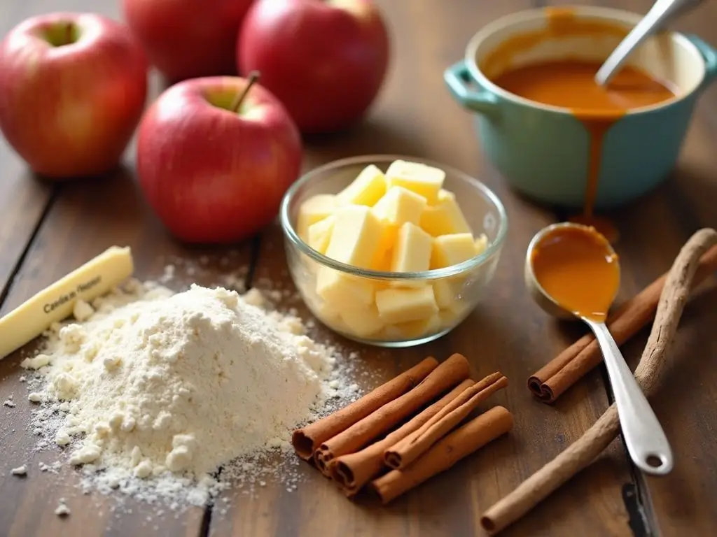 Apple Pie Caramel ingredients including apples, cinnamon sticks, caramel sauce, and pie crust elements ready for a delicious fall treat