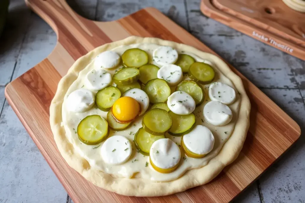 Pickle Pie Pizza being assembled with cheese, pickles, and creamy sauce on pizza dough