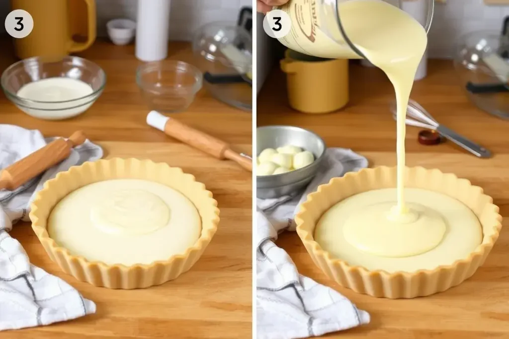 Pouring creamy coconut custard filling into a pre-baked pie crust in a cozy kitchen