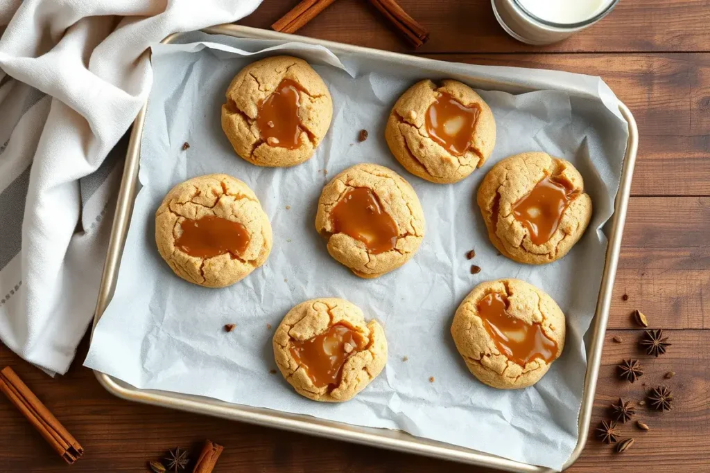 Freshly baked Brown Butter Caramel Chai Cookies on a parchment-lined baking tray with caramel swirls and chai spices on a rustic wooden table