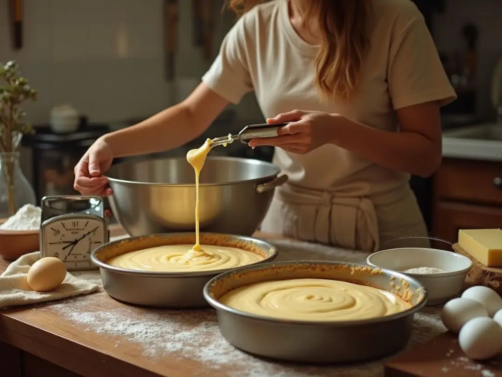 Person mixing cake batter in a warm, cozy kitchen, preparing cake layers for a nostalgic Nanalan-inspired cake