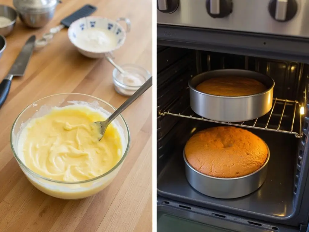 Baking the honeycomb cake in the oven with golden batter in a cake pan