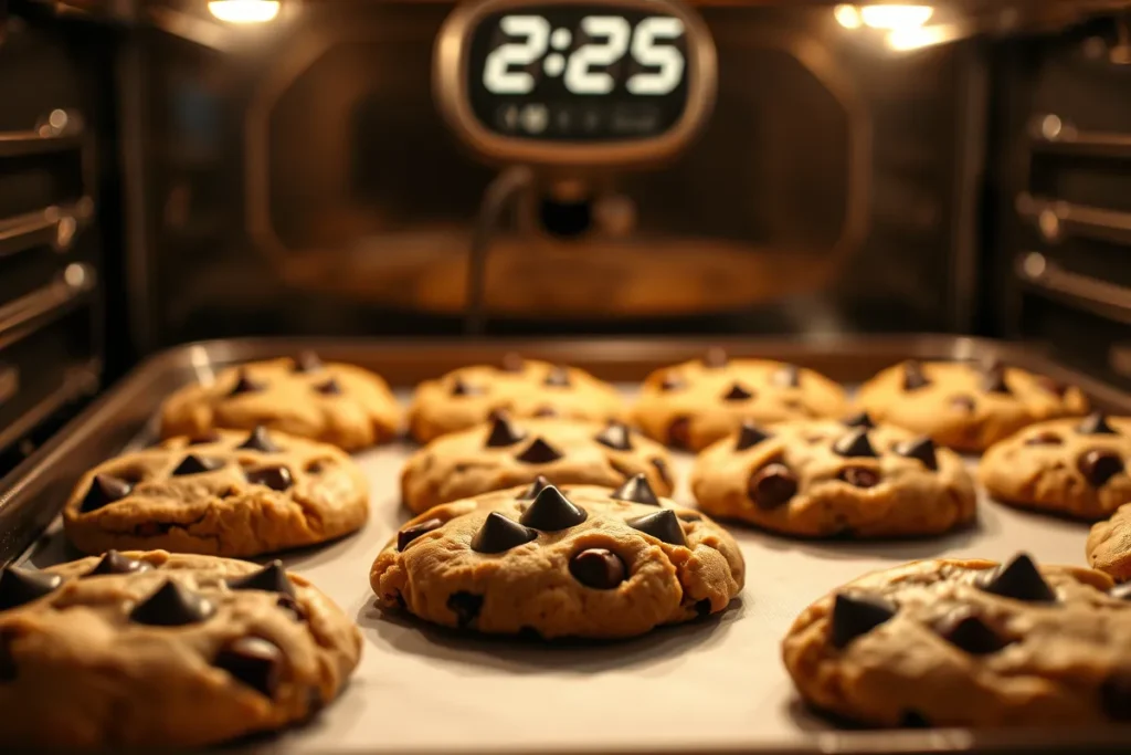 Crumbl chocolate chip cookies baking in the oven, with golden edges and gooey centers, showing a perfect bakery-style texture.

