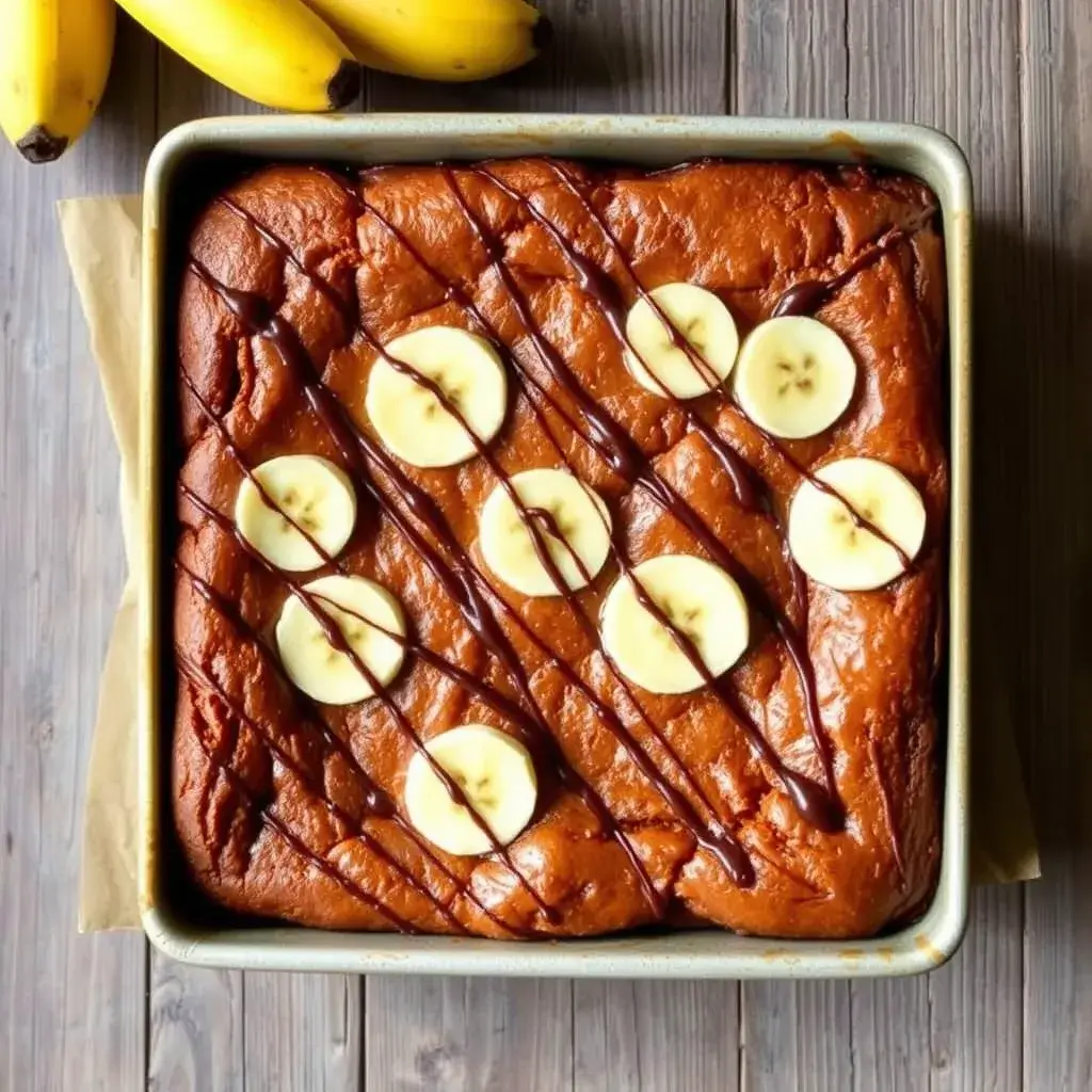 Freshly baked banana brownies with banana slices and chocolate drizzle in a baking dish.