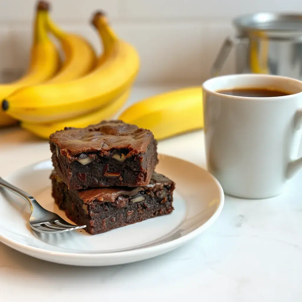 Banana brownies served on a plate with a cup of coffee, placed in a cozy kitchen setting