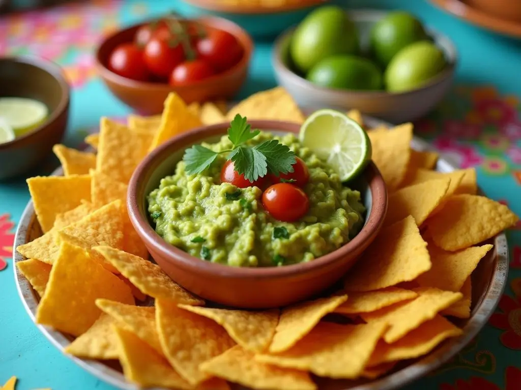 Delicious homemade guacamole chips served on a party table with fresh guacamole made from ripe avocados, cilantro, tomatoes, and lime, with crispy tortilla chips