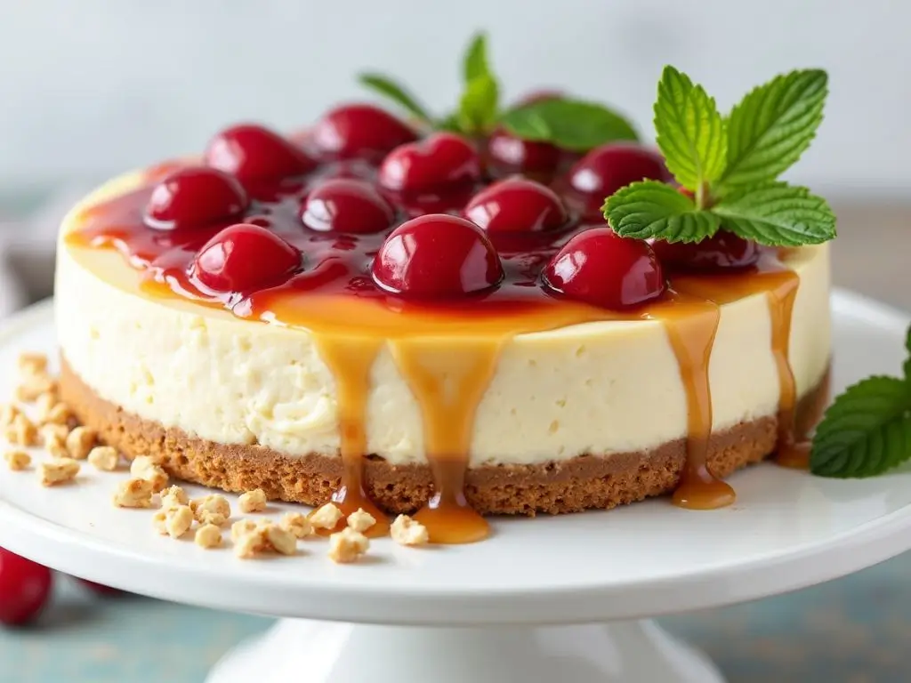 Close-up of a no bake cherry cheesecake with a golden graham cracker crust, topped with rich cherry pie filling, caramel drizzle, and crushed nuts for added texture.