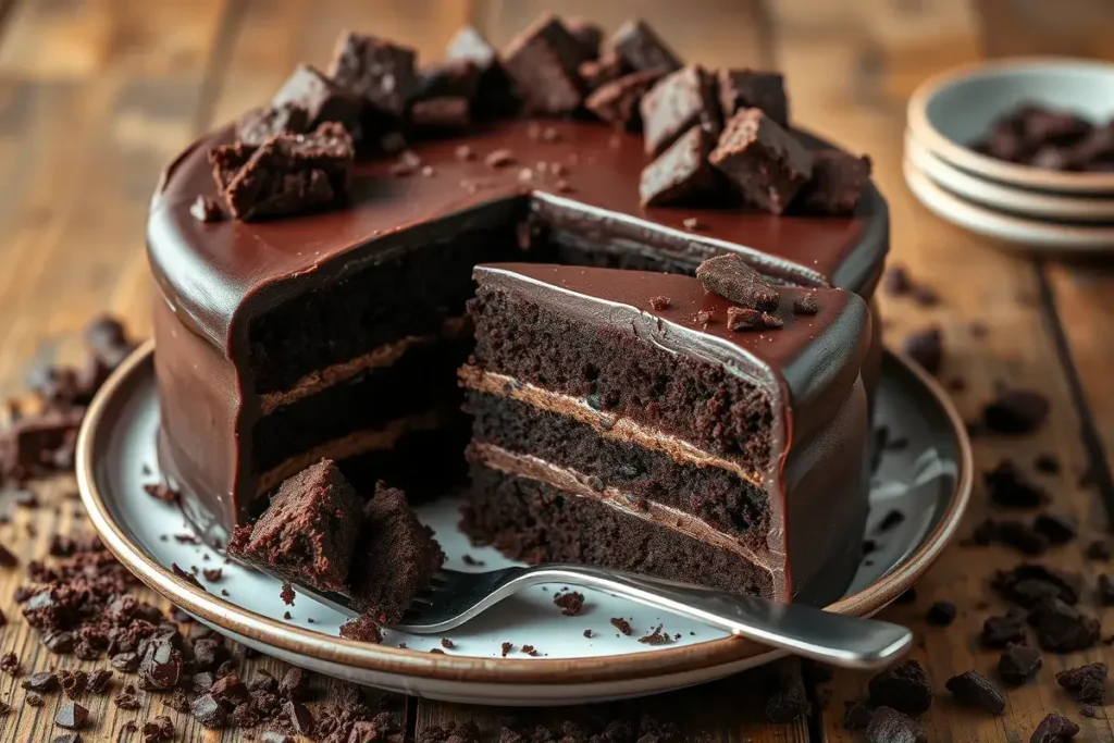 Delicious Blackout Cake with layers of chocolate cake and rich frosting, topped with crumbled chocolate cake pieces