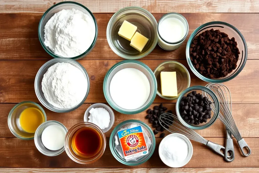 Ingredients for Blackout Cake including flour, sugar, cocoa powder, eggs, butter, and dark chocolate displayed on a wooden countertop.