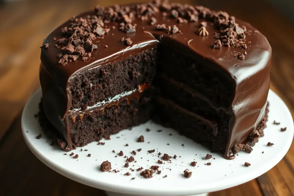 Moist Blackout Cake with chocolate ganache, topped with chocolate cake crumbs, showcasing rich, gooey layers