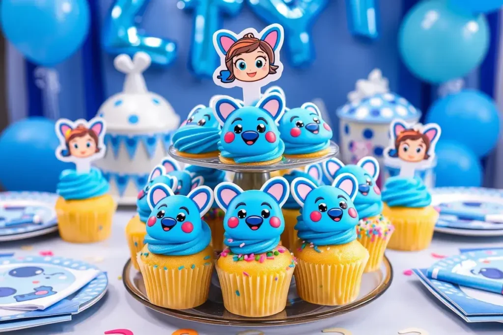 Bluey-themed cupcake tower featuring mini cupcakes with blue frosting, fondant Bluey faces, and edible toppers, perfect for a children's birthday party.