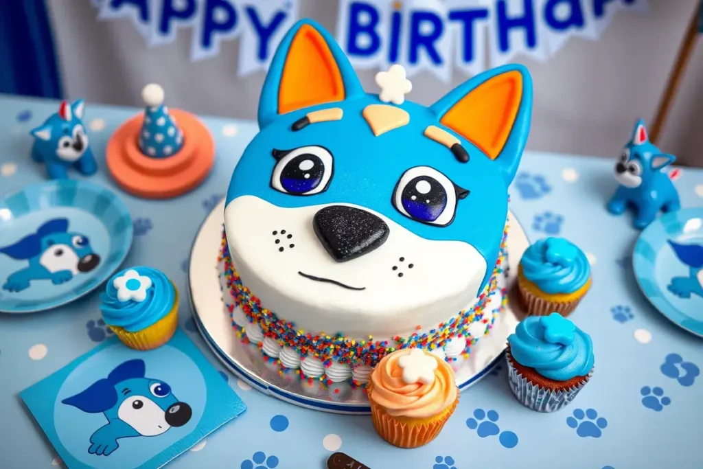 A Bluey-themed birthday cake featuring Bluey and Bingo with vibrant fondant decorations, cupcakes, and party decor.