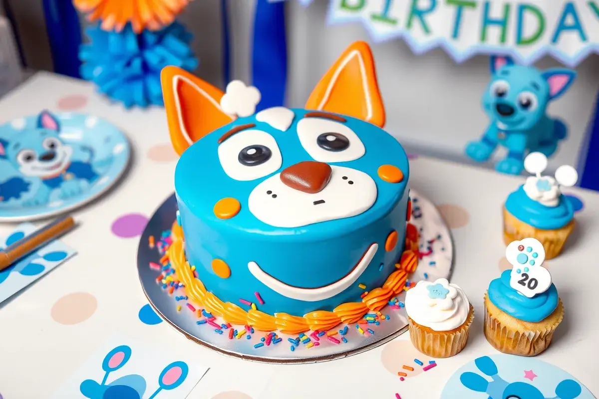 A Bluey-themed birthday cake featuring Bluey and Bingo with vibrant fondant decorations, cupcakes, and party decor