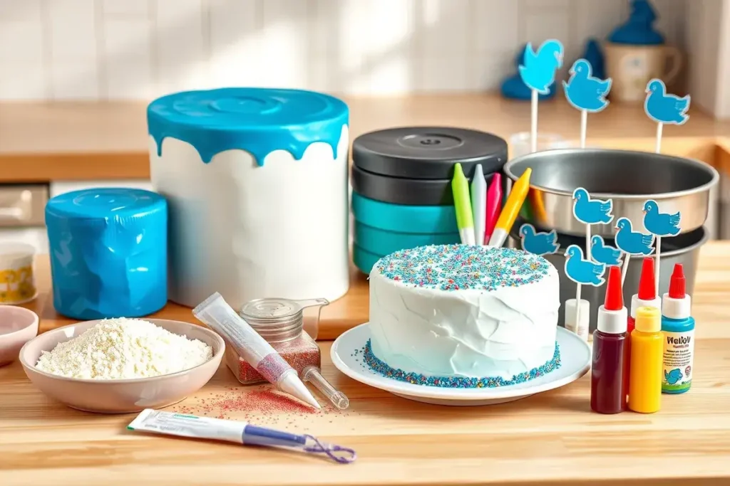 Ingredients for a Bluey-themed cake, including colorful fondant, frosting, edible glitter, and cake pans, arranged on a wooden countertop in a bright kitchen.

