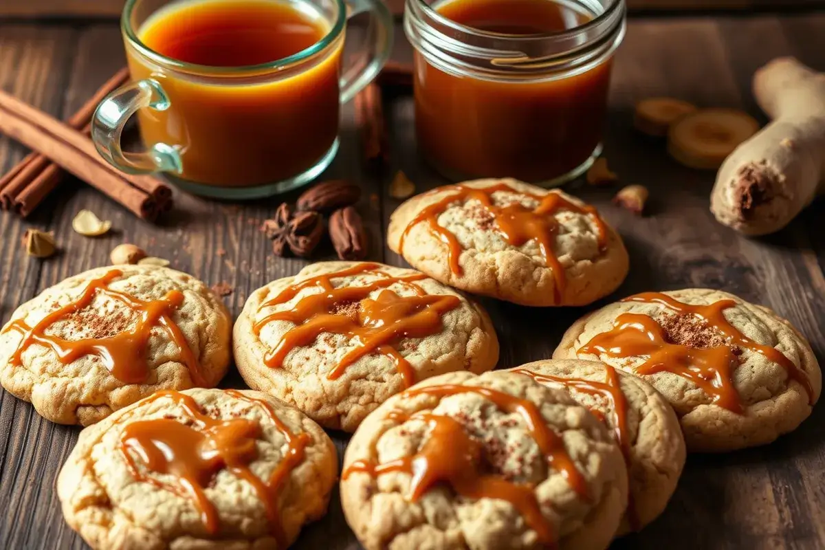 Freshly baked Brown Butter Caramel Chai Cookies with caramel drizzle, chai spices, and a steaming cup of tea in the background