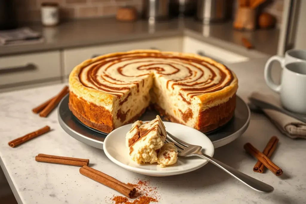 A cooling cinnamon roll cheesecake on a cake stand, with a cinnamon swirl on top and a slice cut out, showing its creamy interior