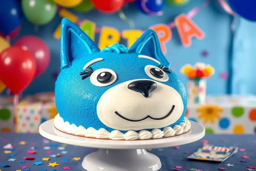 Classic Bluey Character Cake shaped like Bluey’s face with vibrant blue and white frosting, detailed fondant features, and a festive party backdrop.

