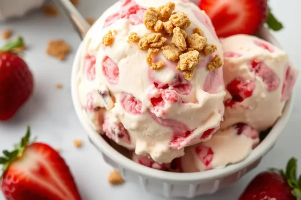 Close-up of homemade strawberry cheesecake ice cream with chunks of cream cheese and strawberry puree