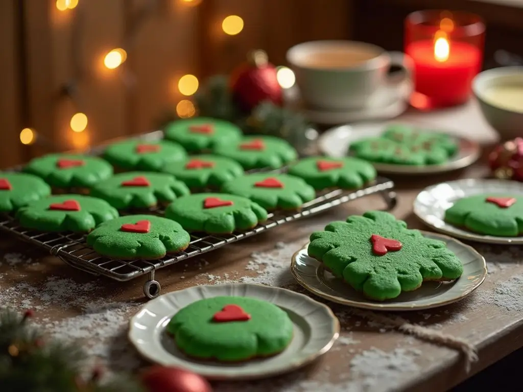 Cooling Grinch cookies on a wire rack with red heart-shaped icing for the perfect holiday treat