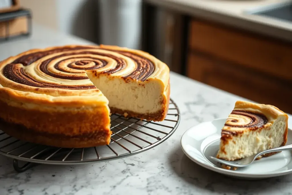 Cinnamon roll cheesecake cooling on the counter with a slice ready to serve