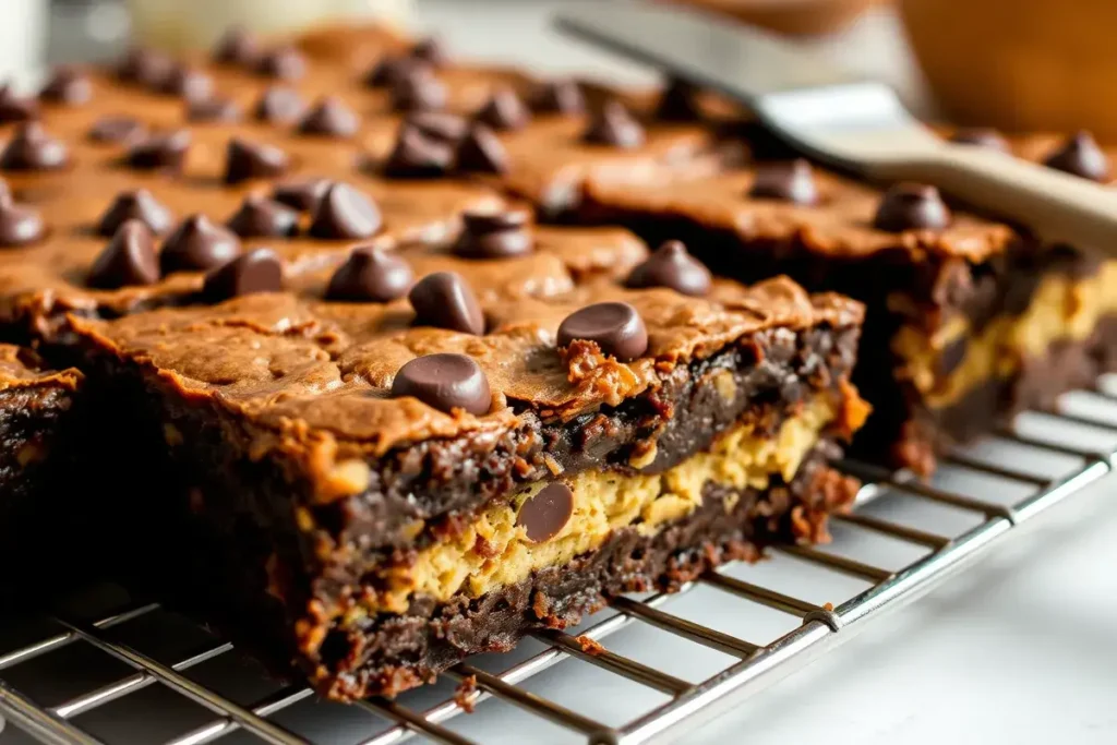 Freshly baked slutty brownies cooling on a wire rack, showcasing layers of gooey brownie, cookie dough, and melted chocolate chips