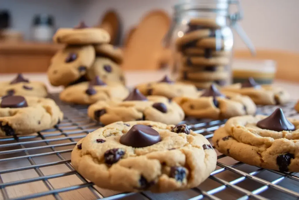 Freshly baked Crumbl-style chocolate chip cookies cooling on a wire rack with a glass jar of cookies in the background, emphasizing cooling and storing.

