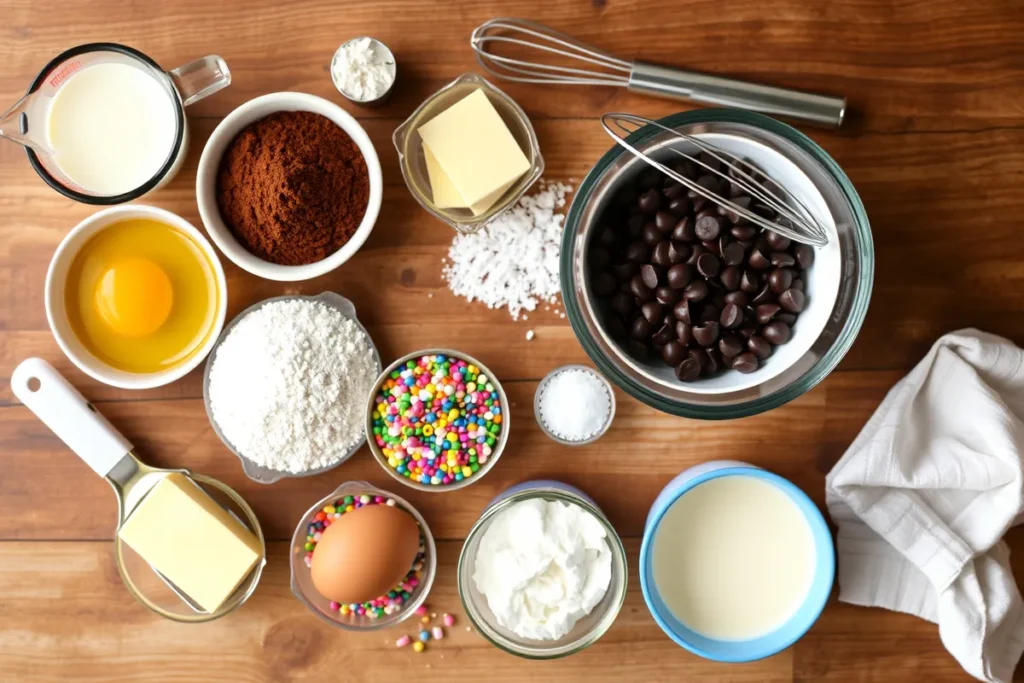 Cosmic brownies ingredients including cocoa powder, chocolate chips, colorful sprinkles, butter, eggs, and flour arranged on a countertop