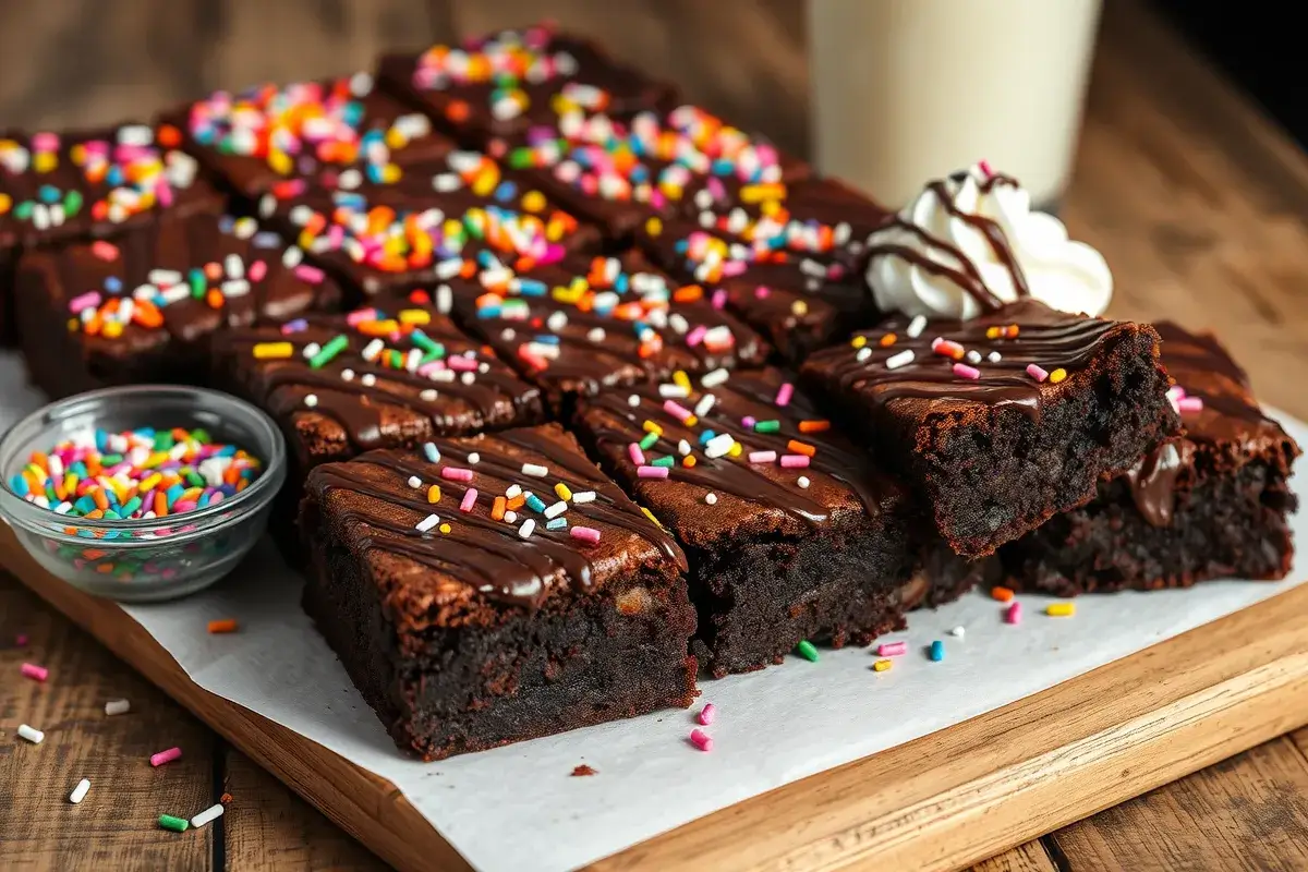 Delicious cosmic brownies with colorful sprinkles and chocolate drizzle on top, served with a glass of milk