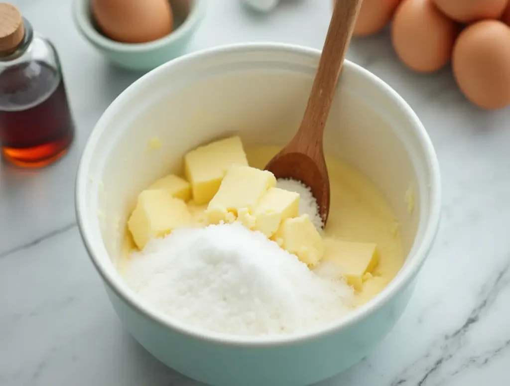 Creaming butter and white sugar together in a mixing bowl for chocolate chip cookies without brown sugar.