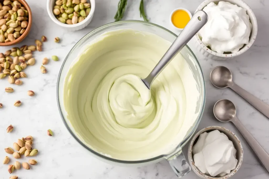 Creating the creamy pistachio filling for a torte, showing smooth texture and key ingredients