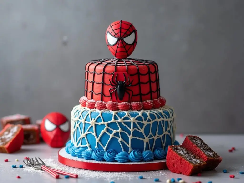 Step-by-step Spider Man cake decorated with red and blue fondant, Spider Man mask, webbing details, and Spider Man toy topper. Perfect for a Marvel superhero birthday celebration