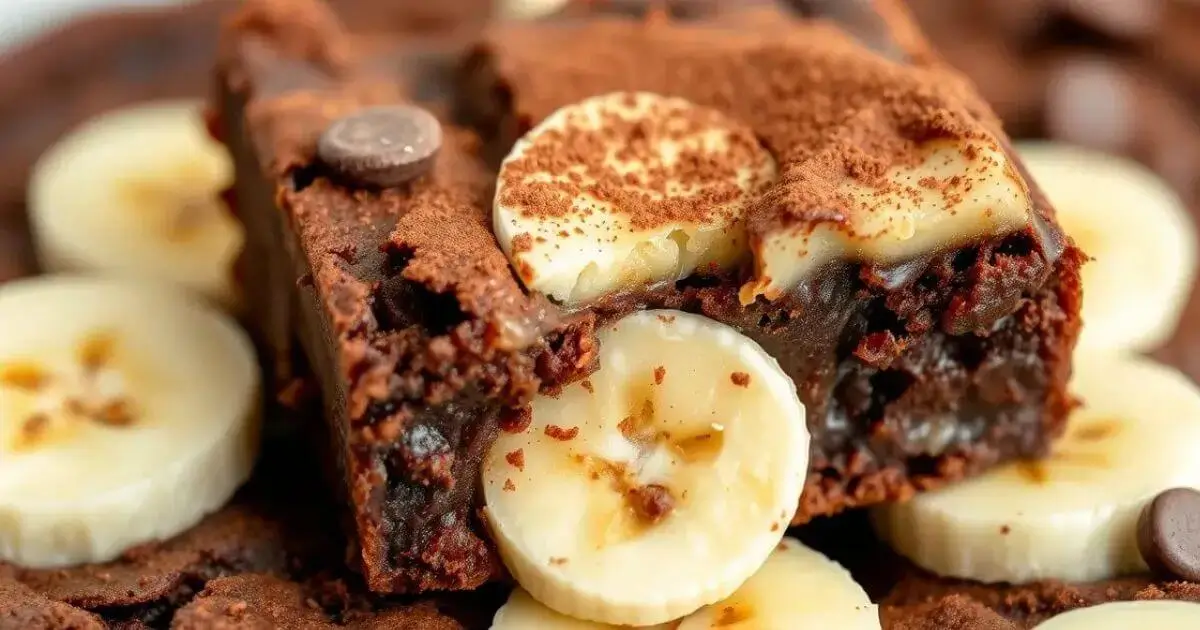 Close-up of a sliced banana brownie showing its fudgy and gooey texture with banana slices