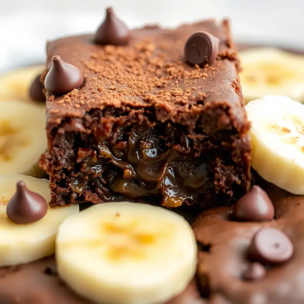 Close-up of a sliced banana brownie showing its fudgy and gooey texture with banana slices and chocolate chips.