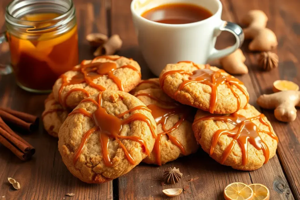 Soft and chewy Brown Butter Caramel Chai Cookies topped with caramel drizzle and surrounded by chai spices, perfect for a cozy dessert