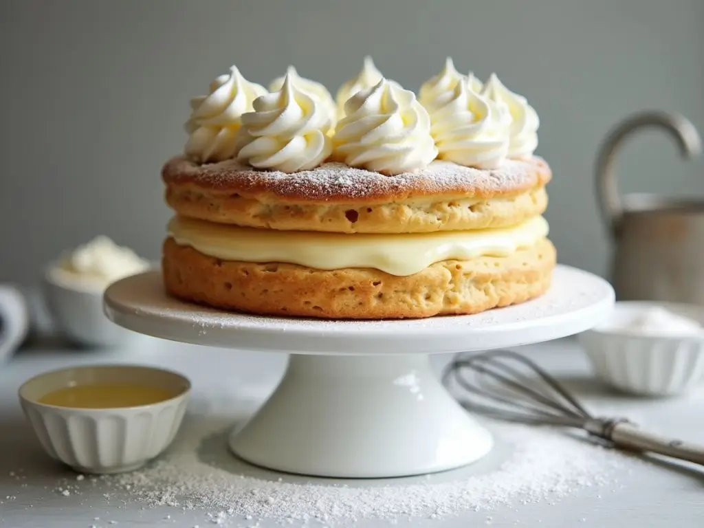 A decadent cream puff cake with layers of golden choux pastry, velvety vanilla custard, and fluffy whipped cream, garnished with powdered sugar and surrounded by baking tools