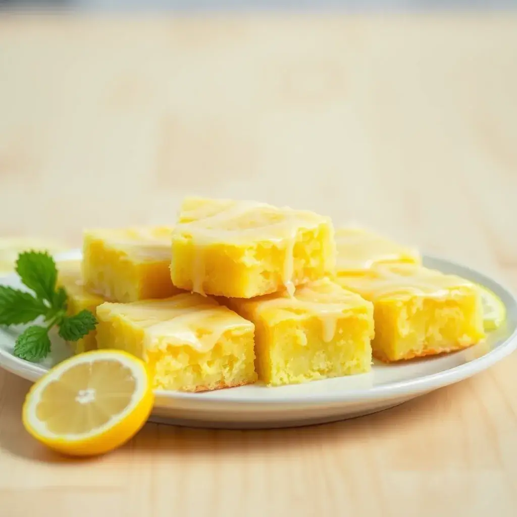 Freshly baked lemon brownies with a golden top, lemon glaze drizzle, and a slice of lemon with zest, served on a light wooden surface