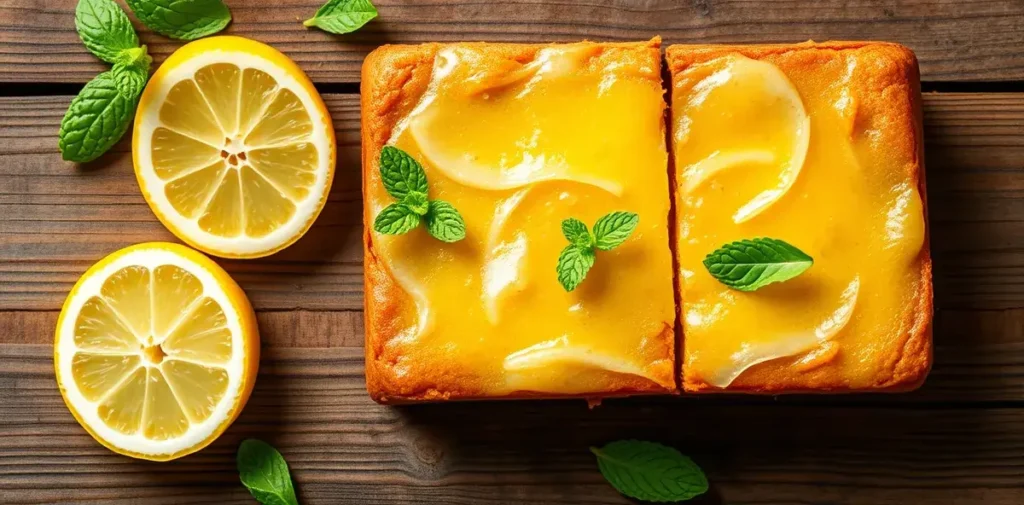 Overhead view of lemon brownies with fresh lemon slices and mint on a rustic table