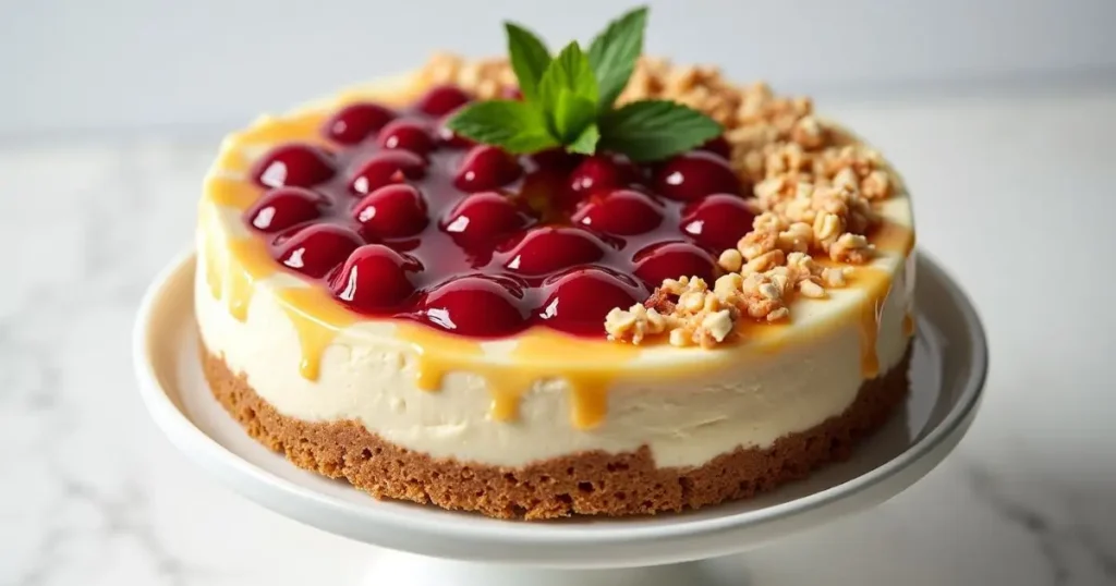 An irresistible no bake cherry cheesecake topped with vibrant cherry pie filling, caramel drizzle, and crushed nuts on a white cake stand